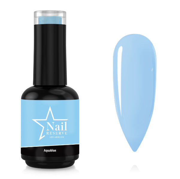 Bottle and nail swatch of Aquablue soak-off gel polish