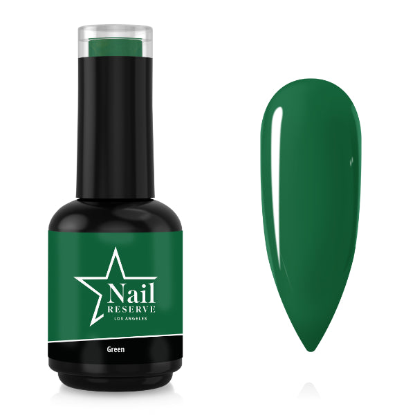 Bottle and nail swatch of Green Reserve soak-off gel polish