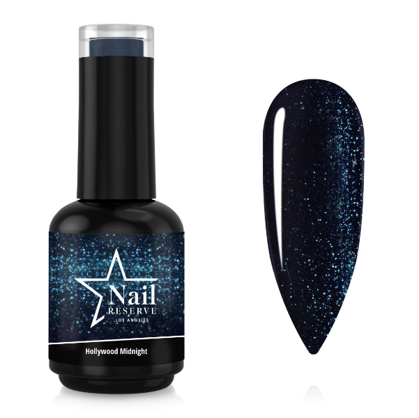 Bottle and nail swatch of Hollywood Midnight soak-off gel polish