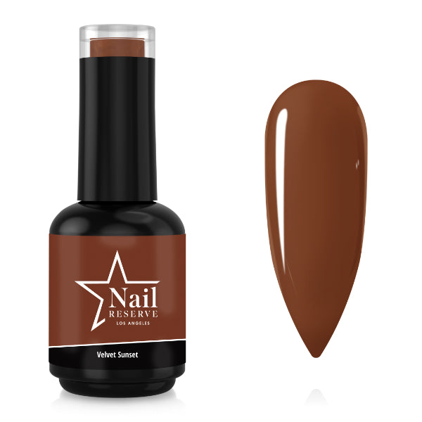 Bottle and nail swatch of Velvet Sunset soak-off gel polish