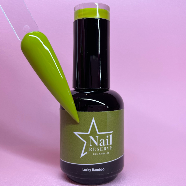 Bottle and nail swatch of Lucky Bamboo soak-off gel polish
